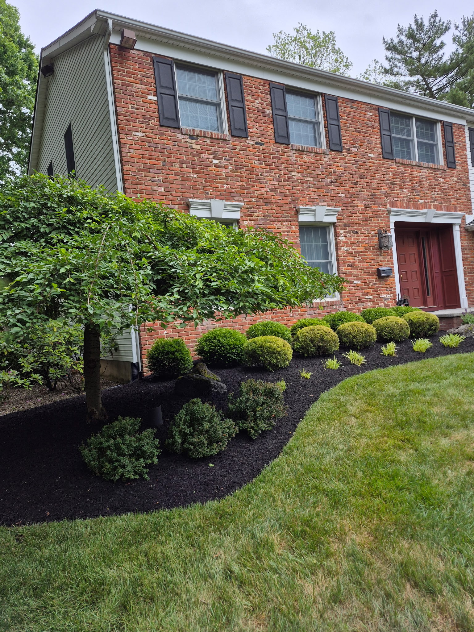 Brick colonial with trimmed boxwoods and fresh mulch